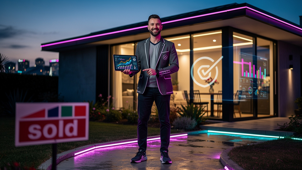 IA para Empresas: Como Agentes Inteligentes Impulsionam Resultados — Um homem sorrindo, em pé na frente de uma casa moderna com um tablet na mão, mostrando um gráfico de vendas bem-sucedido. O reflexo