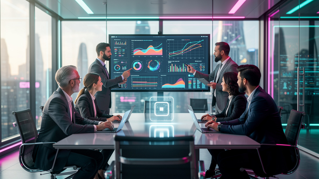 IA para Empresas: Guia Prático para Implementação e Resultados — Um time diverso de profissionais colaborando em uma sala de reunião moderna, com telas exibindo dados complexos e gráficos de desempenh