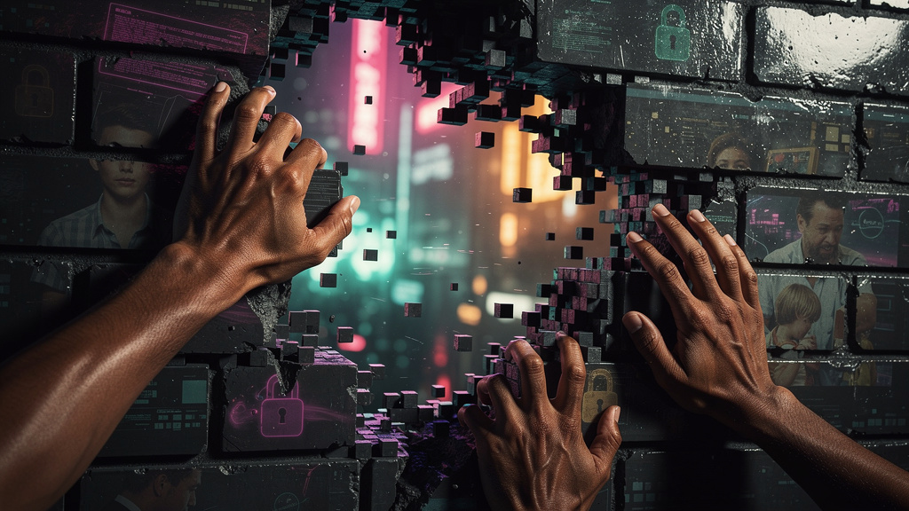 IA para Empresas: Privacidade, Controles de Idade e o Futuro da Web — Um close-up de mãos tentando escalar uma barreira de tijolos pixelizada que representa o bloqueio de DNS. A barreira está desmoron