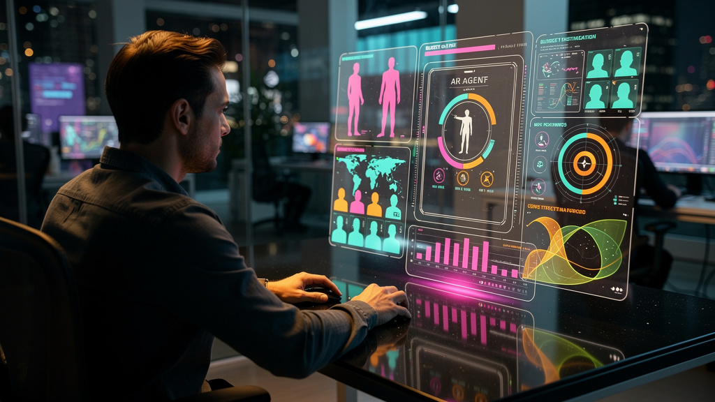 IA para Empresas: Tendências e o Futuro da Automação — Um agente de IA representado como uma interface holográfica flutuante, auxiliando um profissional de marketing na criação de uma campanha publici