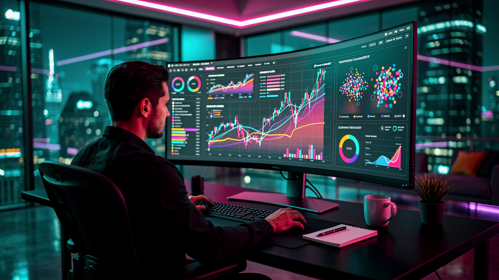 IA para Empresas: Transforme Paixões em Negócios Lucrativos — Um empreendedor em um escritório moderno, visualizando um dashboard complexo de análise de dados em um monitor grande. O dashboard mostra 