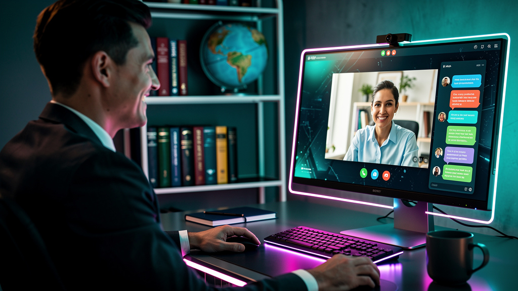 IA para Exportação: Simplificando o Comércio Internacional — Um empresário em uma videoconferência com um cliente estrangeiro, ambos sorrindo. A tela do computador mostra um chatbot da Toolzz traduzin