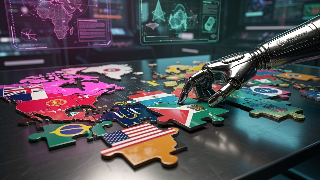 IA para Exportação: Simplificando o Comércio Internacional — Um quebra-cabeça gigante, com peças representando diferentes países e regulamentações comerciais. Uma mão robótica, com o logo da Toolzz gr