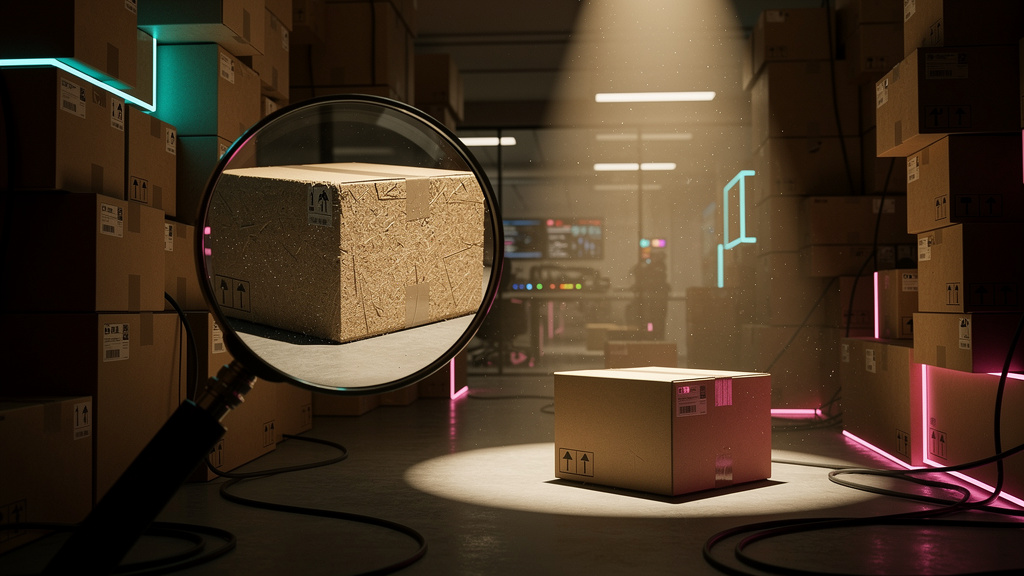 IA para Exportação: Simplifique Processos e Alcance Novos Mercados — Um labirinto de caixas de papelão em um escritório, com uma lupa gigante focada em uma única caixa. A caixa destacada revela uma et