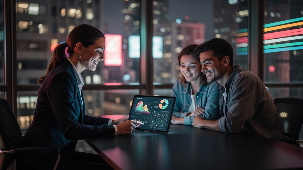 IA para Imobiliárias: Domine o Google e Feche Mais Negócios — Um corretor de imóveis sorrindo, em um escritório moderno e bem iluminado, utilizando um tablet para mostrar a um casal jovem uma apresent