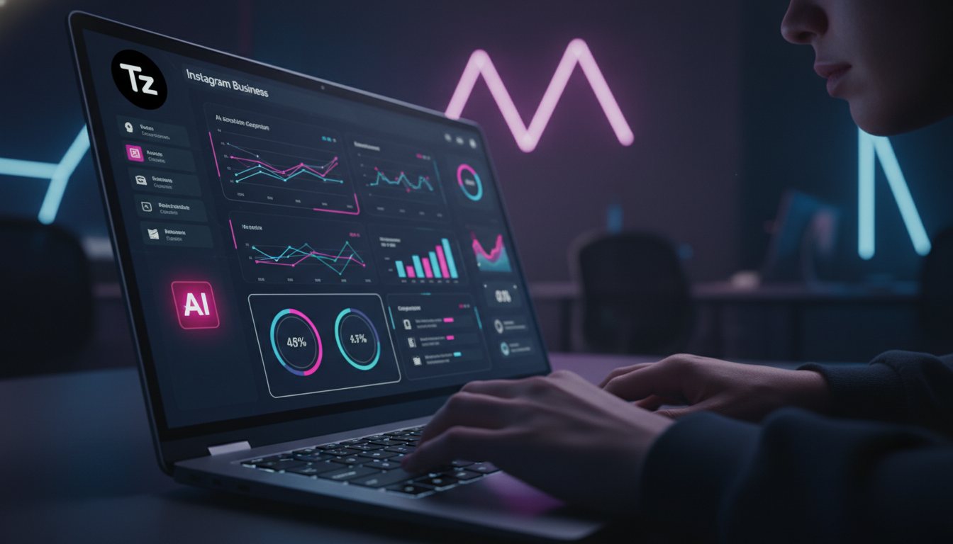 IA para Instagram Business: o que é, como funciona e por que importa — Um close-up das mãos de um especialista em marketing digital digitando em um laptop. A tela do laptop mostra um painel de control
