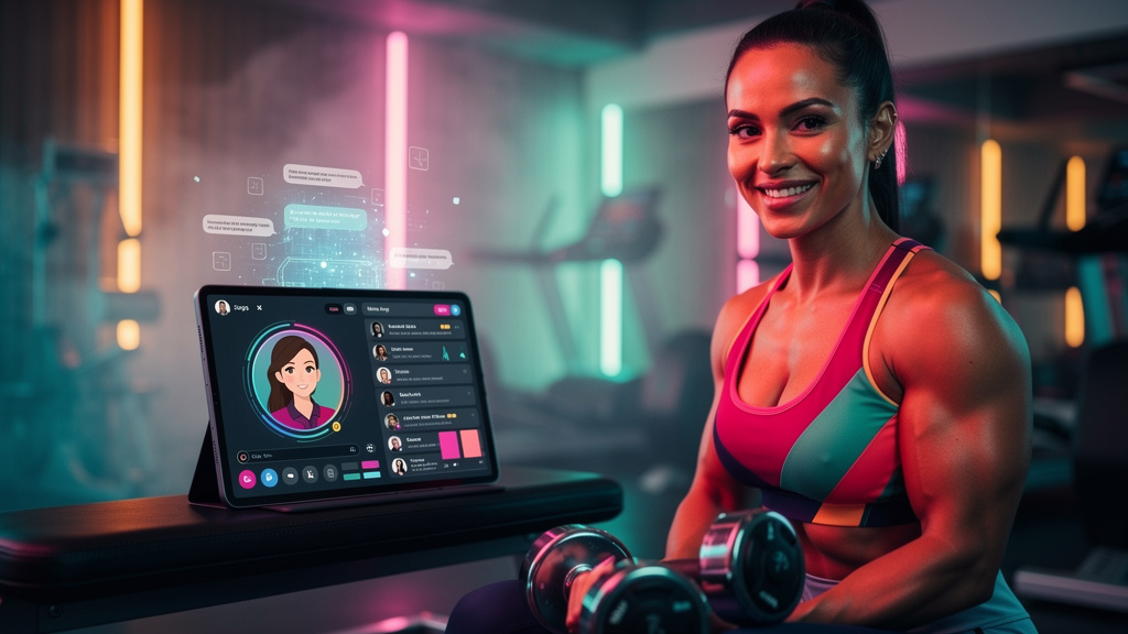 IA para Instagram Business: o que vem aí — Um influenciador fitness sorrindo para a câmera enquanto seu Agente de IA, representado por um avatar amigável em um tablet ao lado, responde automaticamente
