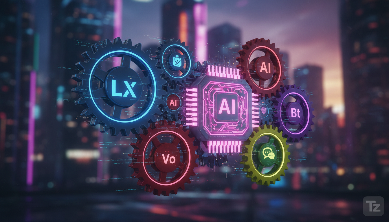 IA para Instagram Business: oportunidades e desafios para 2026 — Uma série de engrenagens interligadas, cada uma representando diferentes aspectos do marketing digital (conteúdo, análise, automação, a