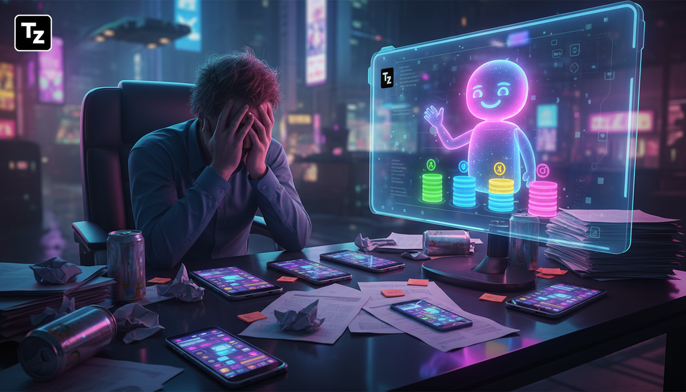 IA para Instagram Business para resolver falta de leads — Um gerente de marketing exausto, sentado em uma mesa caótica coberta de papéis e vários smartphones piscando com notificações do Instagram. Su