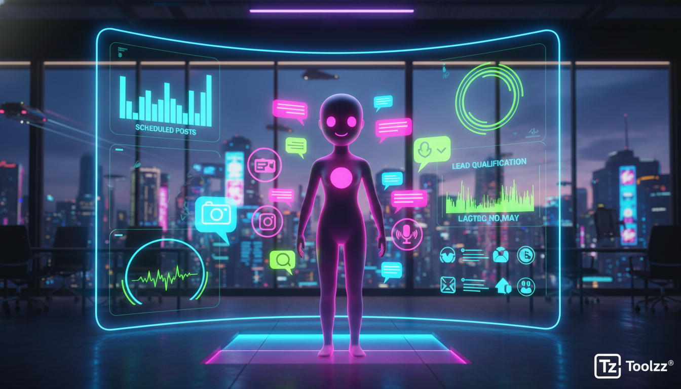 IA para Instagram Business: previsões de especialistas para 2026 — Um agente de IA, representado por uma figura humanoide estilizada e amigável, interagindo com diversos usuários do Instagram através 