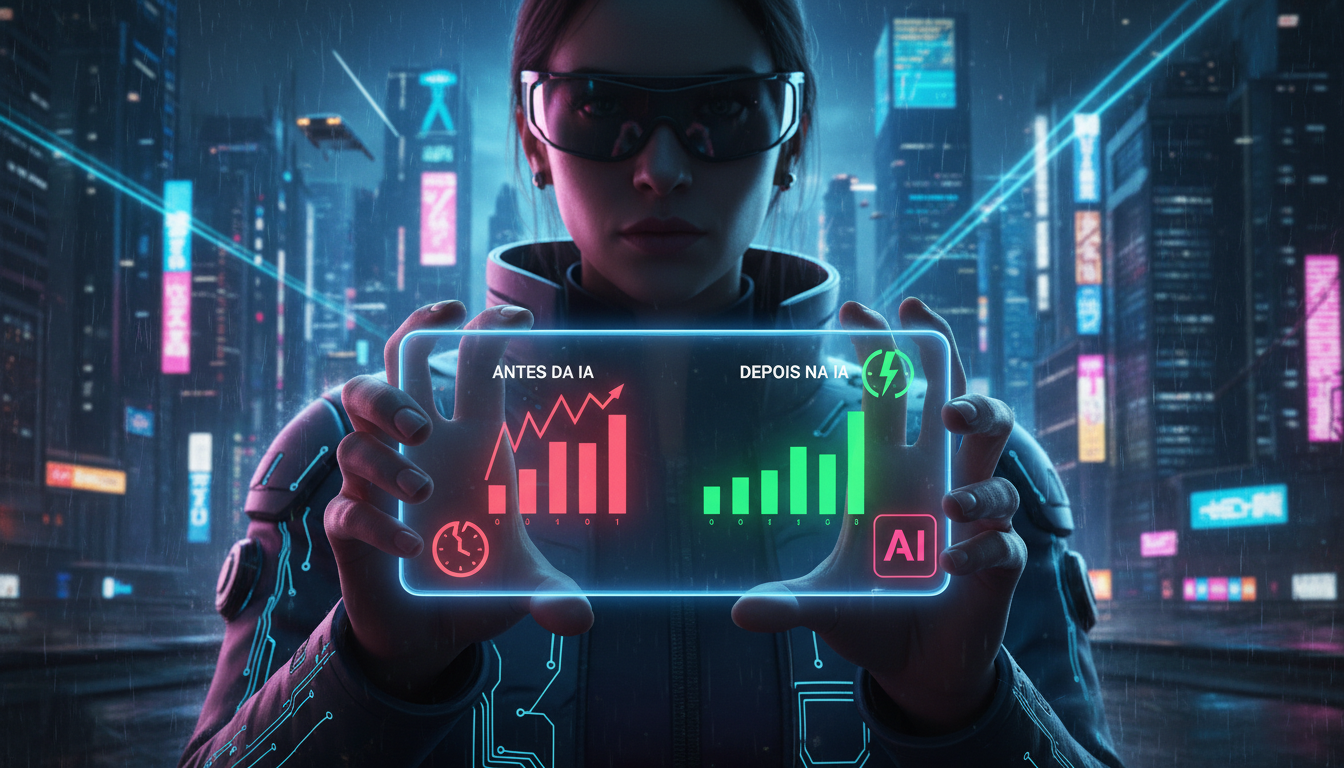 IA para Instagram Business resolve atendimento 24h definitivamente — Uma tela de celular mostrando um gráfico de barras indicando tempo de resposta a clientes no Instagram. Um lado mostra 'Antes da IA