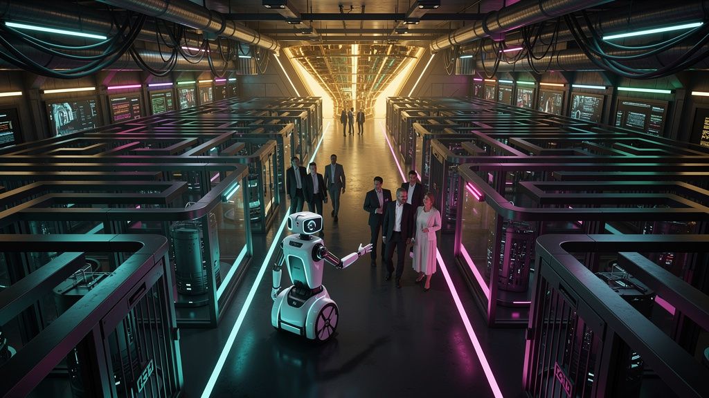 IA para Pipeline: Otimize suas Vendas com Inteligência — Ilustração de um funil de vendas estilizado como um labirinto intrincado, com vários caminhos e desvios. Um robô com o logo da Toolzz na latera