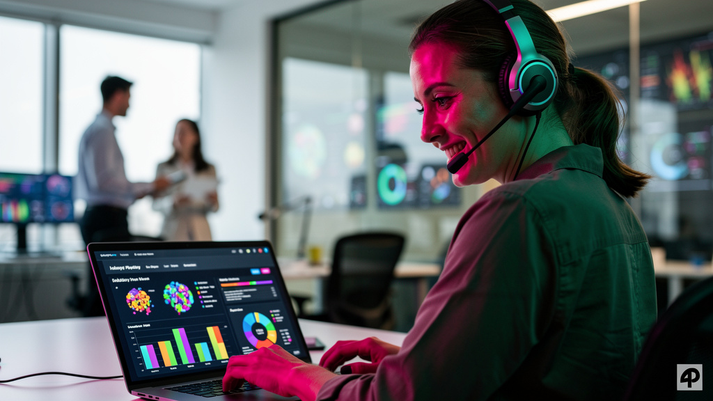 IA para Prospecção: Otimize Cadências e Gere Mais Leads — Um vendedor moderno, usando um headset, sorri enquanto observa um painel de controle de IA em seu laptop. O painel exibe dados de leads segmen