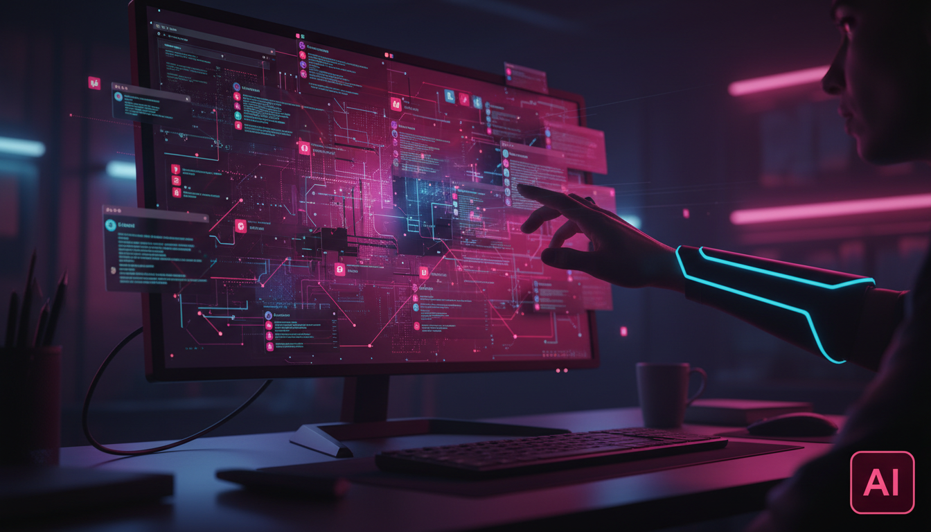 IA para Redes Sociais descomplicado: guia visual e prático — Um close-up de uma tela de computador mostrando um painel de controle de redes sociais complexo e caótico, com várias abas abertas e notifi