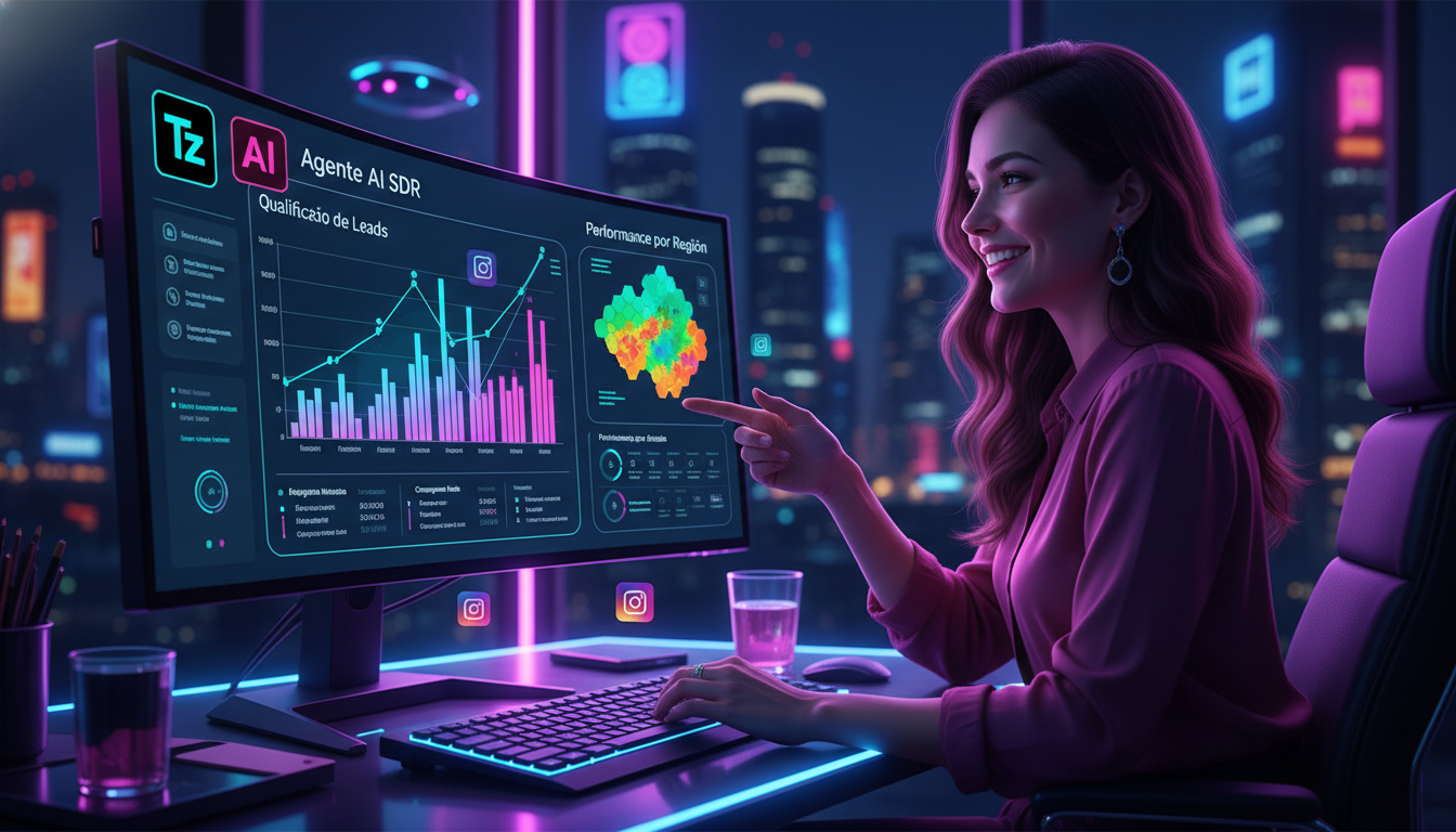 IA para Redes Sociais e inovação: como se conectam — Uma tela de computador mostrando um painel de controle de um Agente AI SDR da Toolzz, com gráficos de desempenho e dados de leads qualificados do I