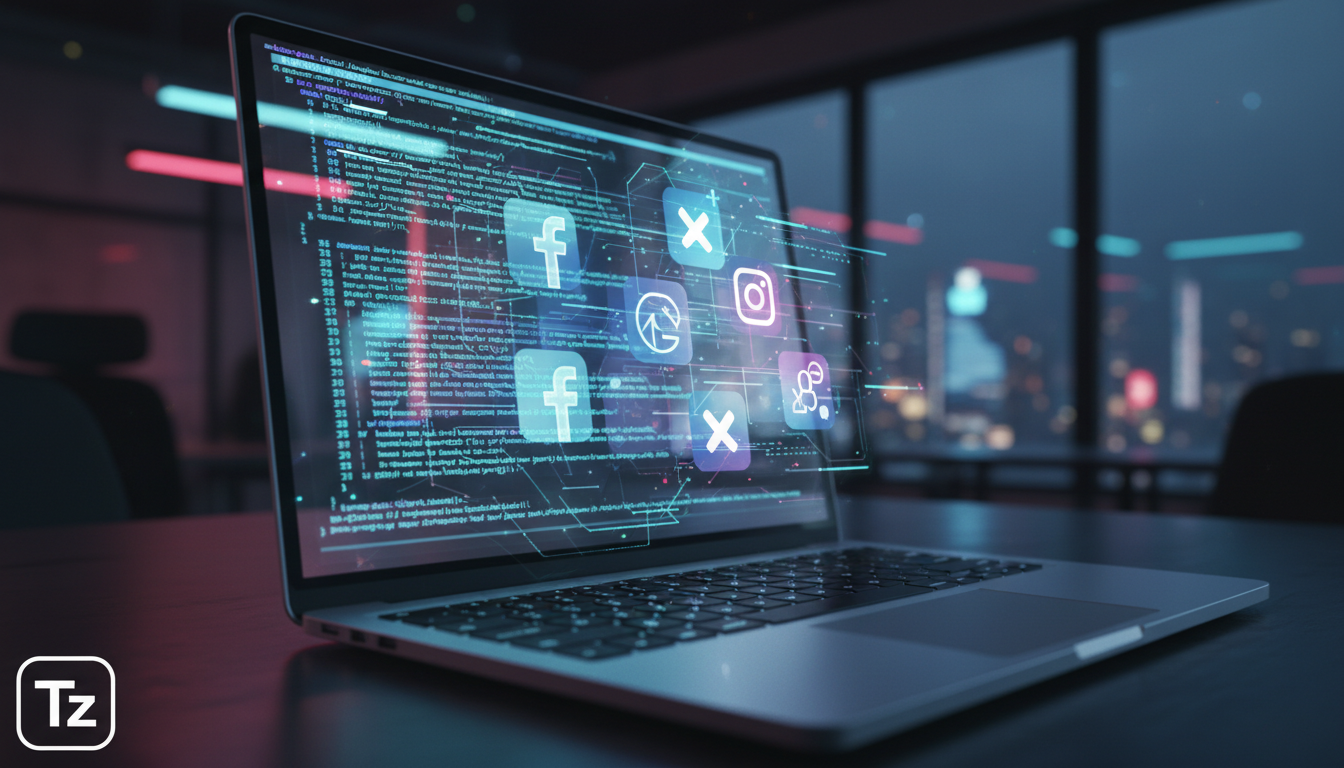 IA para Redes Sociais: o que é, como funciona e por que importa — Uma tela de laptop exibindo um código de programação complexo, com linhas de texto em diferentes cores. Sobreposta à tela, uma sobrepo