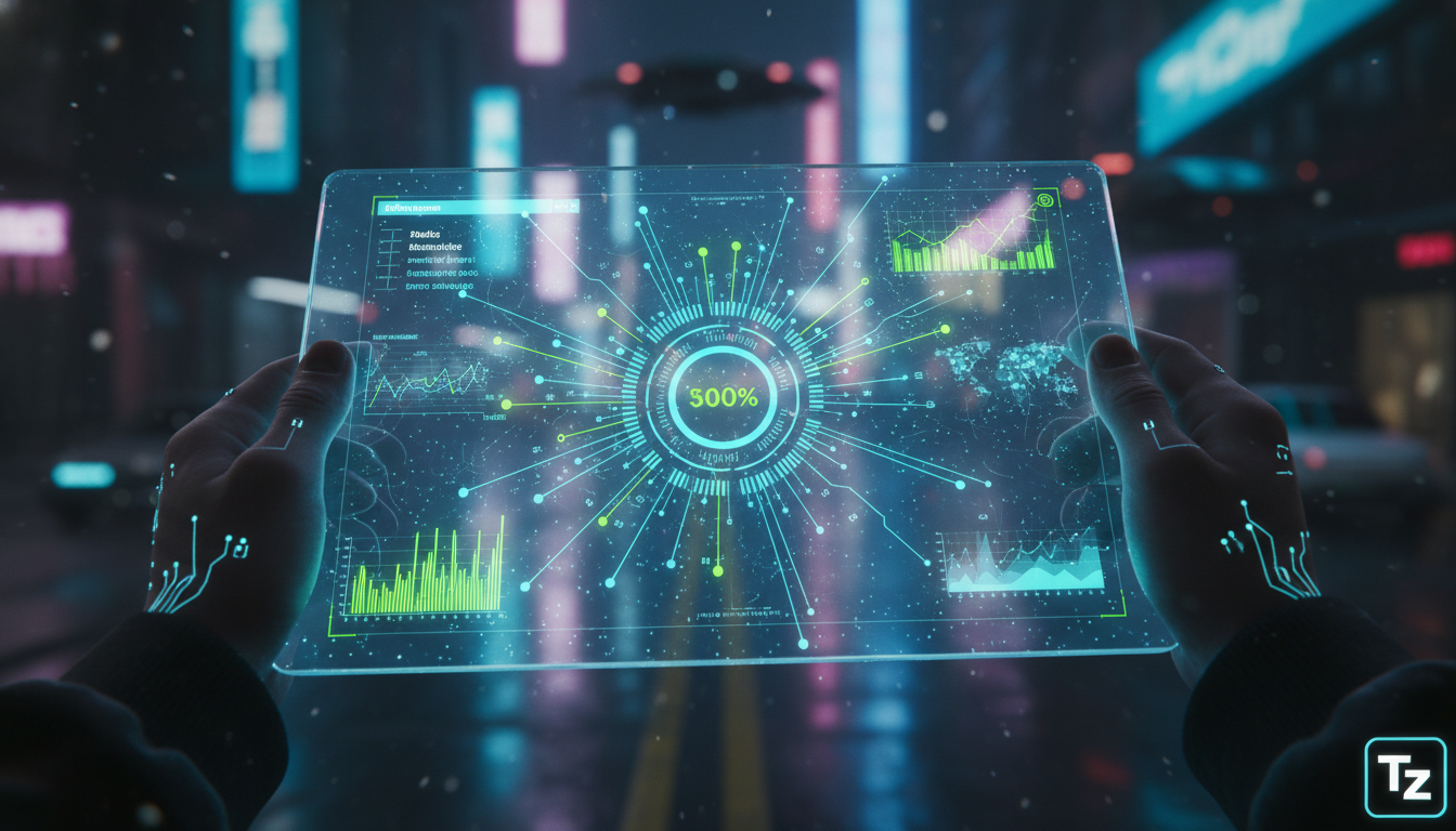 IA para Redes Sociais: o que vem aí — Um close-up das mãos de um analista de marketing digital, usando um tablet que exibe um painel de análise do Instagram. Gráficos e dados sobre o engajamento do pú