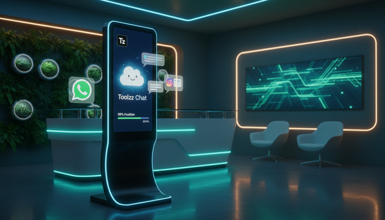 IA para Redes Sociais: o que vem aí — Uma clínica moderna com recepção minimalista. Em vez de um recepcionista, um totem elegante exibe a interface da Toolzz Chat, com um avatar amigável interagindo c