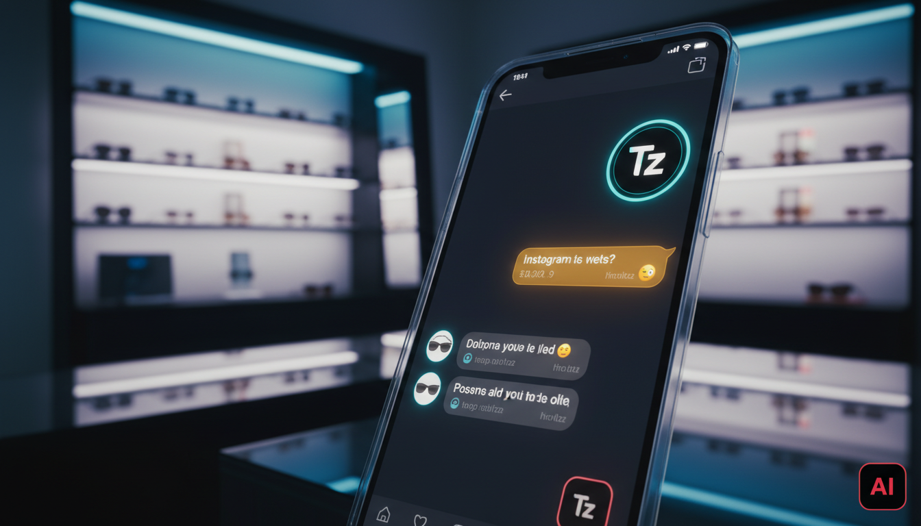 IA para Redes Sociais: oportunidades e desafios para 2026 — Um close-up de um smartphone com uma interface de chat de Instagram. A conversa mostra um agente de IA respondendo a perguntas sobre óculos 