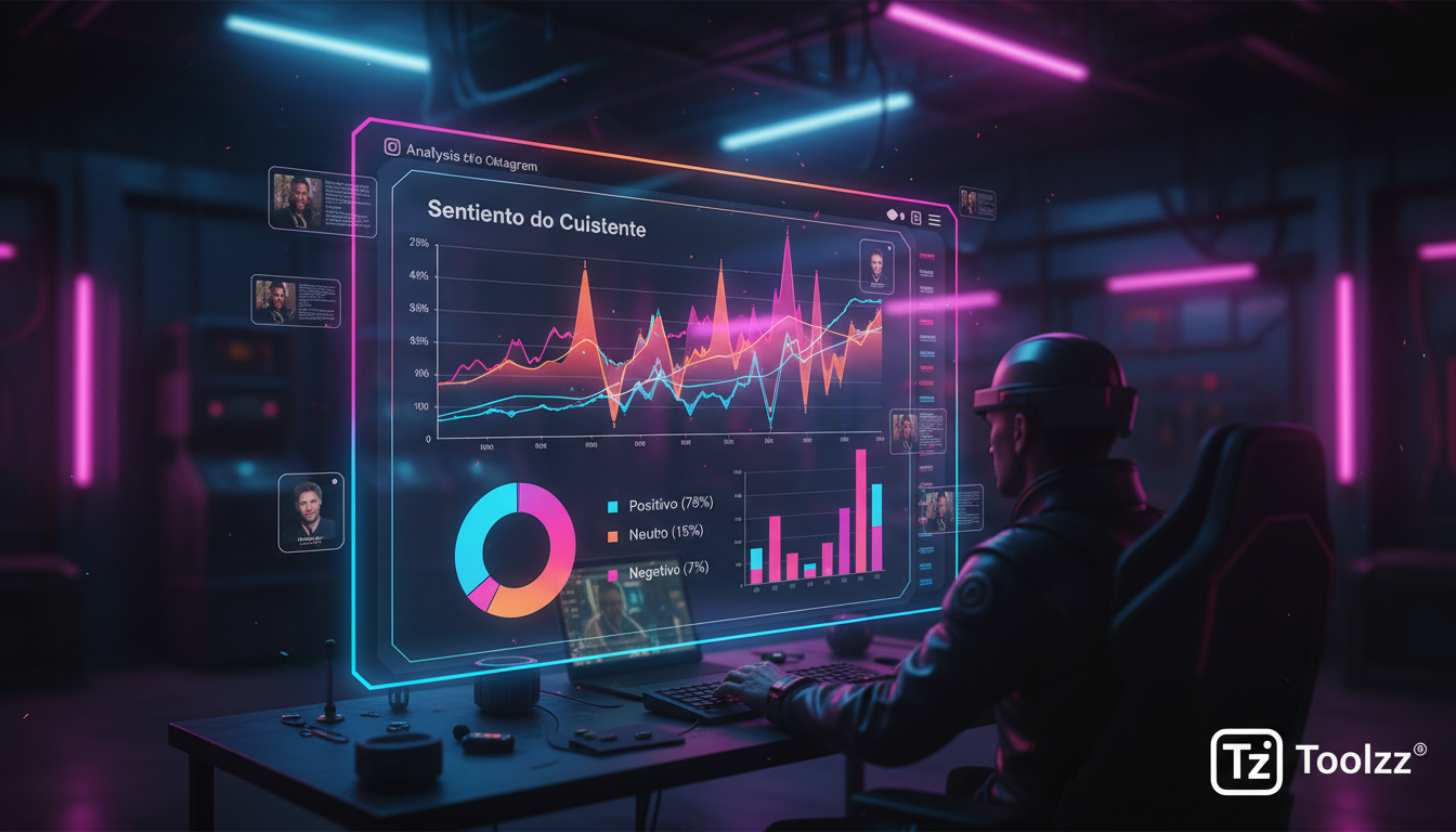IA para Redes Sociais: oportunidades e desafios para 2026 — Uma tela de computador mostrando um dashboard de análise de sentimentos do Instagram. Gráficos coloridos exibem a evolução do sentimento dos