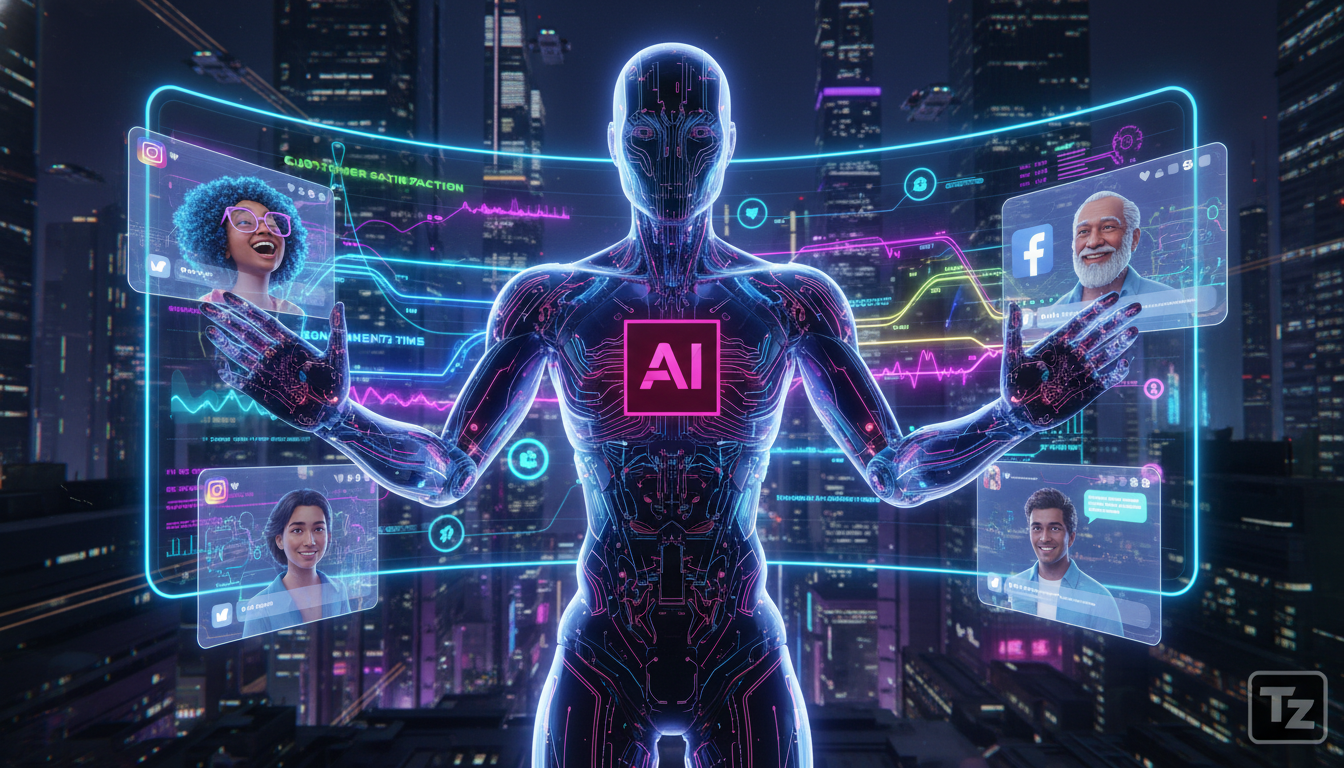 IA para Redes Sociais: Previsões de Especialistas para 2026 — Um agente de IA, com o logo da Toolzz sutilmente exibido em seu design, atendendo simultaneamente múltiplos clientes em diferentes platafo