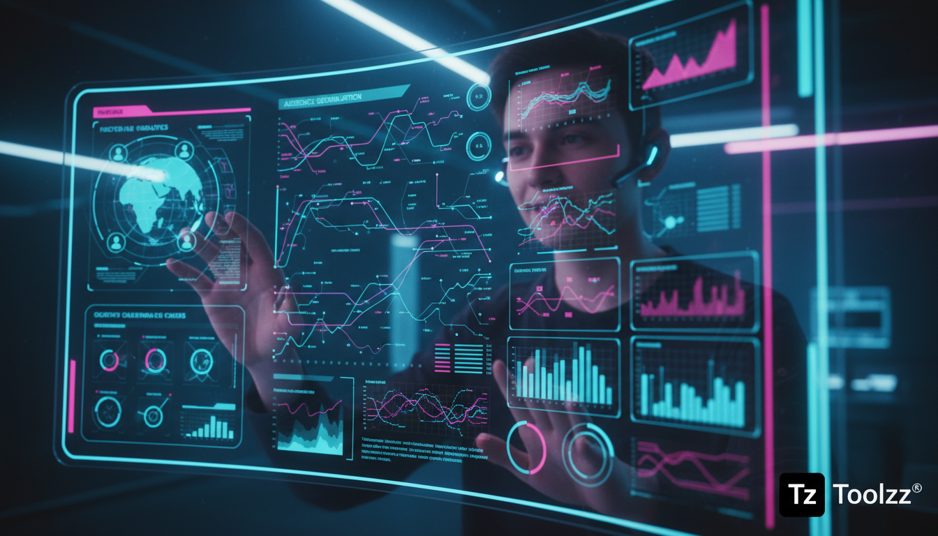 IA para Redes Sociais vs Marketing Tradicional: qual vale mais a pena? — Close-up de um painel de controle de IA para redes sociais. Vários gráficos e dados são exibidos, mostrando análises preditivas