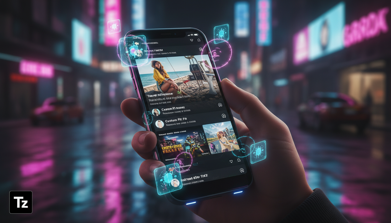 IA para Redes Sociais vs Marketing Tradicional: qual vale mais a pena? — Um close-up estilizado da tela de um smartphone mostrando um feed do Instagram repleto de conteúdo personalizado e anúncios dir