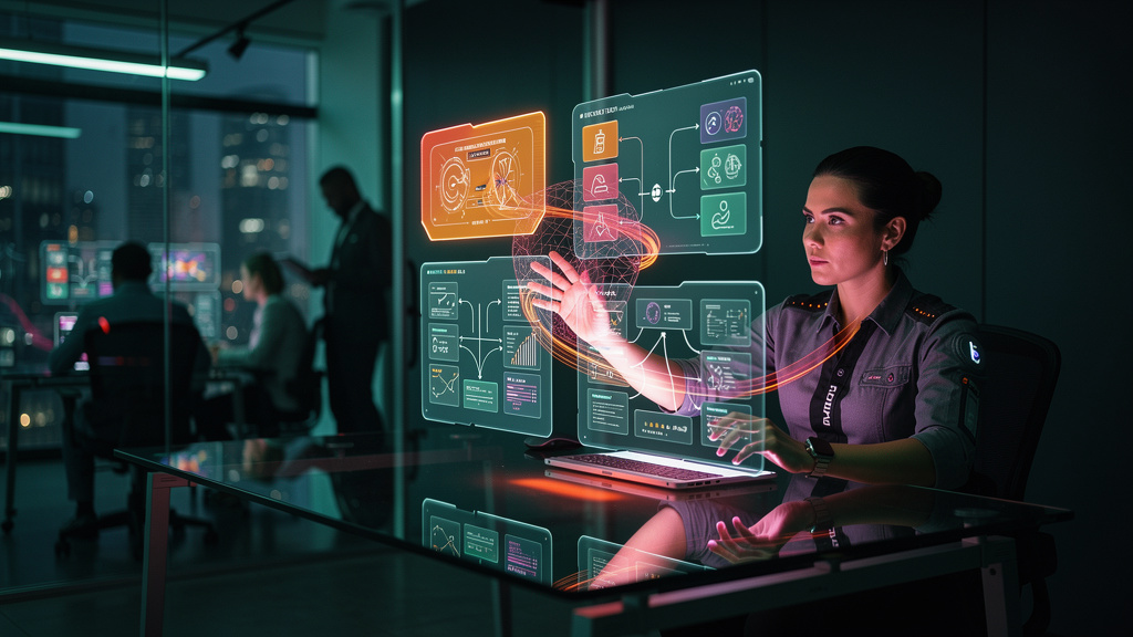 IA que Cria Cursos: O Futuro da Educação Corporativa — Um designer instrucional colaborando com uma IA em uma interface futurista. O designer está refinando o conteúdo gerado pela IA, que aparece em t