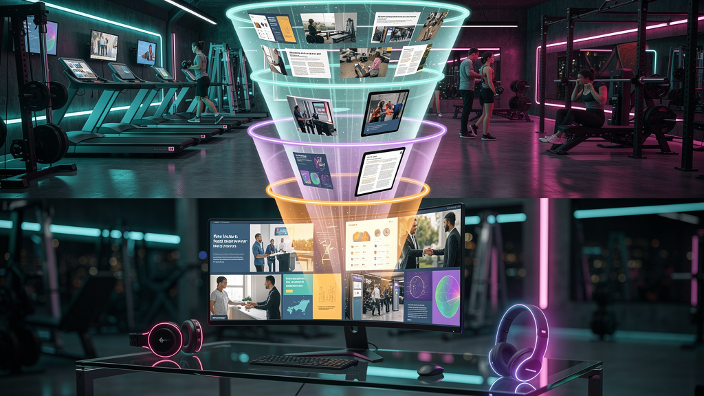 IA que Escreve Conteúdo SEO: Atraia Clientes para sua Academia — Um funil de marketing digital visualmente atraente, com três seções distintas representando ToFu (Topo de Funil), MoFu (Meio de Funil) 