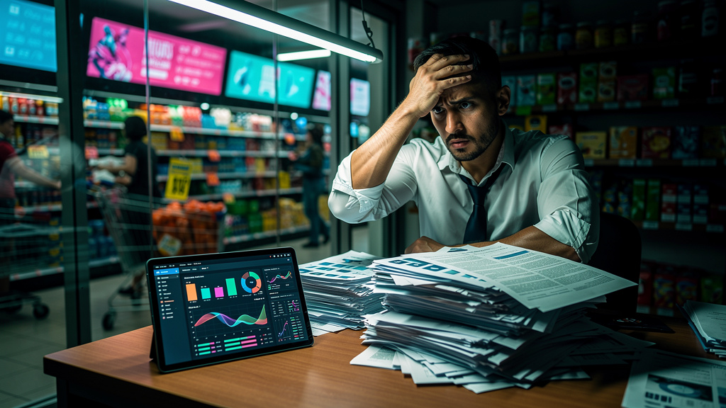 IA que Escreve: Escale Conteúdo SEO para Varejo e Supermercados — Um gerente de supermercado, com uma expressão de preocupação, olhando para uma pilha de relatórios em papel. Ao lado dele, um tablet m