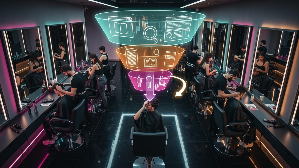 IA que Escreve SEO: Atraia Clientes para seu Salão — Uma visão aérea de um salão de beleza moderno e elegante, com várias estações de trabalho ocupadas por clientes e cabeleireiros. Sobreposto à image