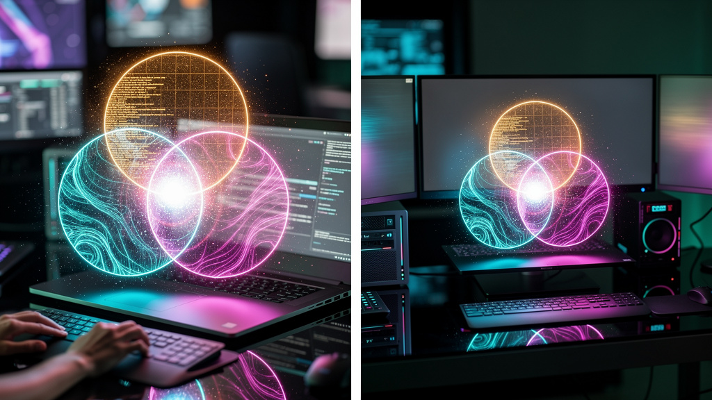 IA que Escreve SEO: Domine o Conteúdo Tech com Perplexity — Um diagrama de Venn com três círculos sobrepostos representando SEO tradicional, IA e NLIs (Natural Language Interfaces). A interseção dos t