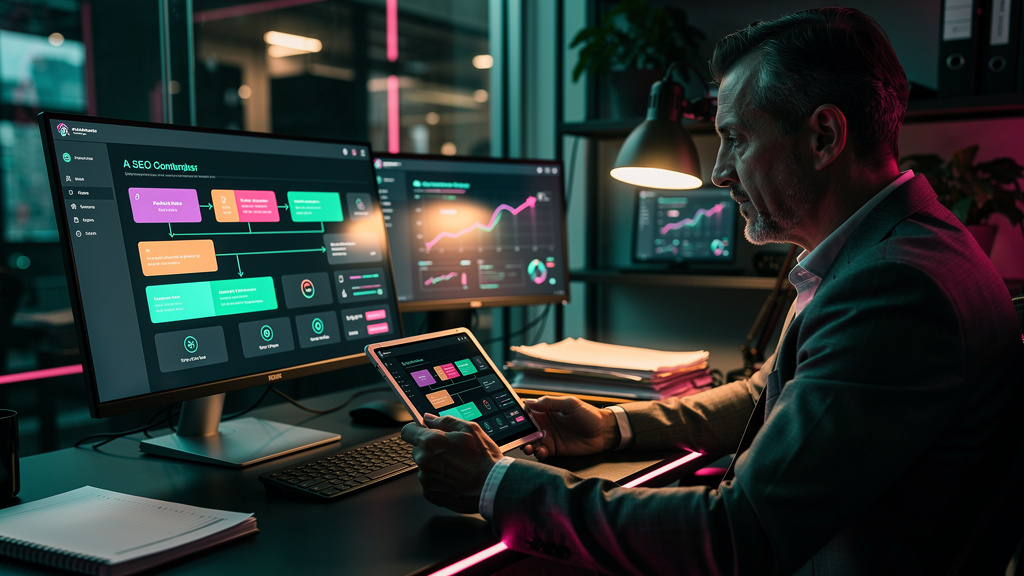 IA que Escreve SEO: Domine o Google com a Toolzz — Um contador usando a interface da Toolzz AI em um tablet. A tela mostra um fluxo de trabalho simplificado para criação de conteúdo SEO, com opções cl