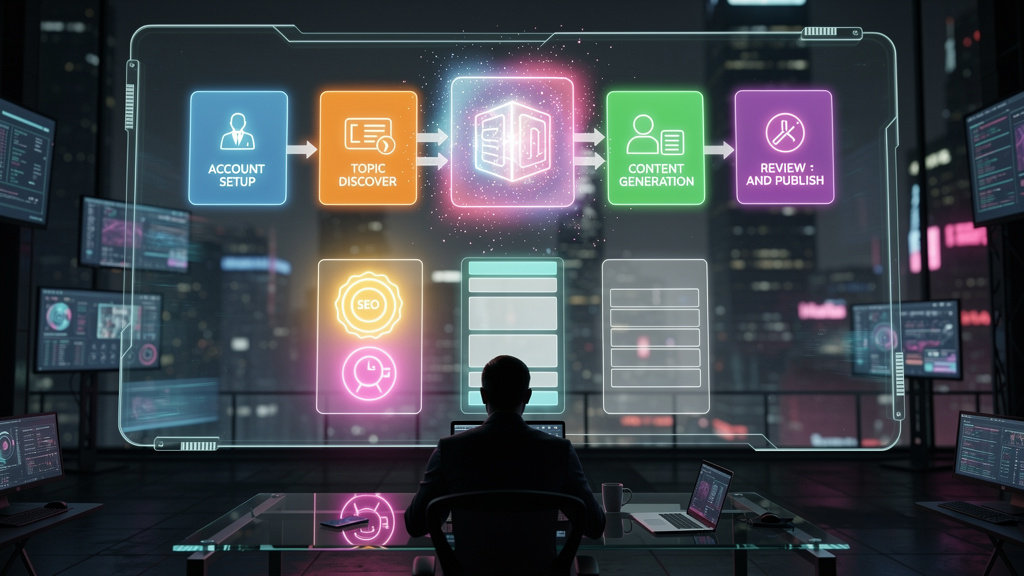 IA que Escreve SEO: Domine o Google com a Toolzz — Um infográfico dividido em duas partes (superior e inferior para carrossel). Parte superior: Um diagrama de blocos mostrando o fluxo do Agente AI de 