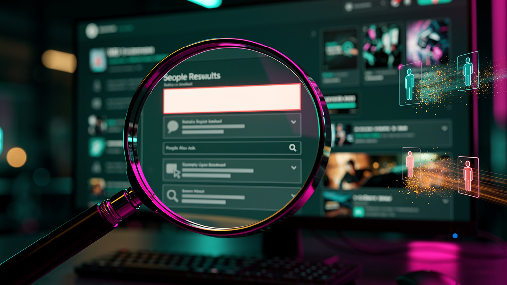 IA que Escreve SEO: Domine o Google com Zero-Click Content — Close-up de uma lupa estilizada focando em uma página de resultados do Google (SERP). Dentro da lente, vemos em destaque um 'featured snipp
