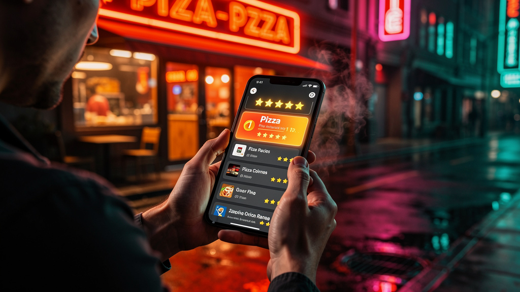 IA que escreve SEO: Domine o Google para seu restaurante/delivery — Um cliente faminto pesquisando no Google em seu smartphone por 'melhor pizza perto de mim'. A tela do celular mostra os resultados d