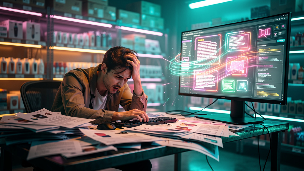 IA que Escreve SEO: Escale Conteúdo no Varejo e Supermercados — Um redator humano cercado por pilhas de papel, com expressão de frustração, enquanto tenta escrever descrições de produtos para um super