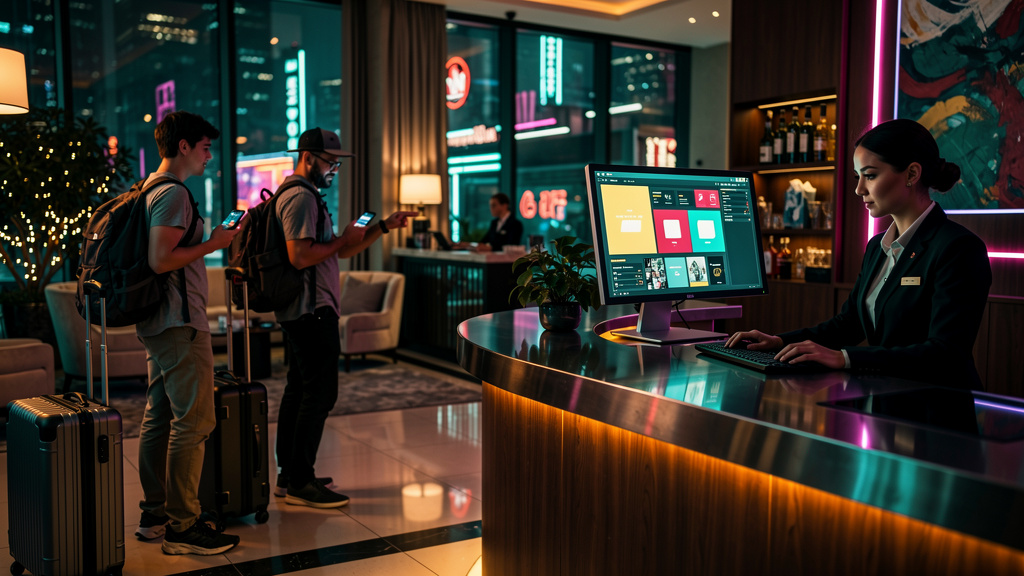 IA que Escreve SEO: Guia para Turismo e Hotelaria — Um hotel movimentado com hóspedes fazendo check-in, enquanto um funcionário usa o Agente AI de Blog da Toolzz em um terminal para otimizar a descriç