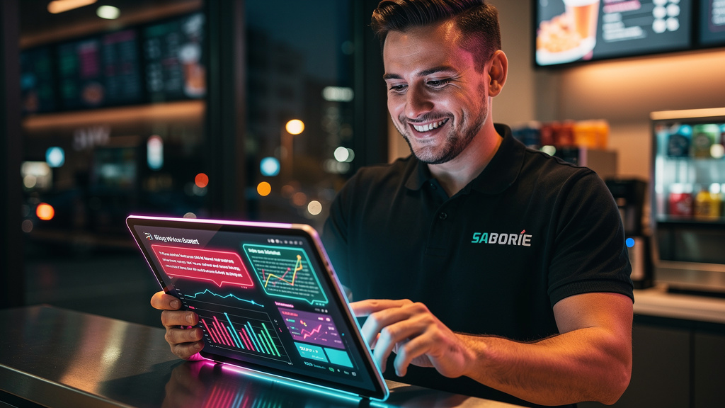 IA que Escreve SEO: Guia Prático para Franquias Dominarem o Google — Close-up de um franqueado sorrindo enquanto usa um tablet. A tela do tablet exibe o Agente AI de Blog da Toolzz gerando automaticam