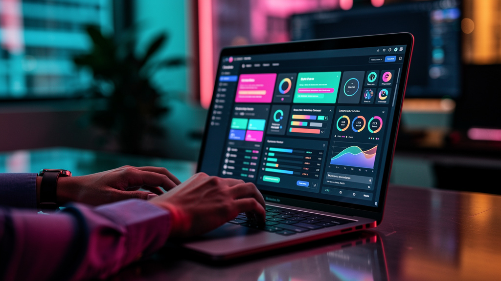 IA que Escreve SEO: Turbine o Inbound Marketing para Consultores — Um close-up das mãos de um consultor digitando em um laptop. A tela do laptop exibe a interface do Agente AI de Blog da Toolzz, mostr