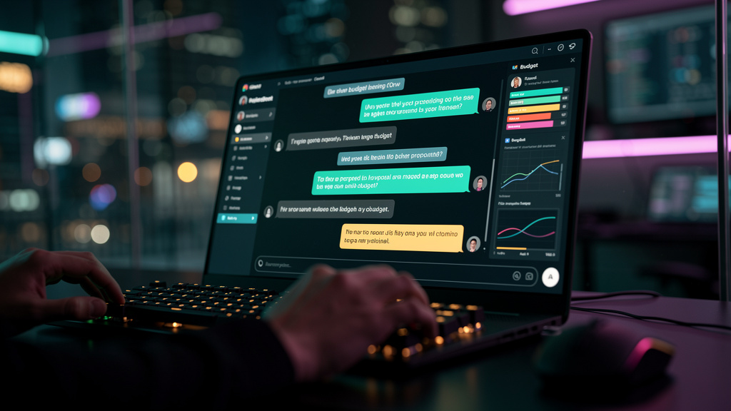 IA que gera orçamento: Agente Closer Toolzz para negociação automática — Um close-up de uma tela de computador mostrando uma interface de chat com um cliente. A conversa é fluida e eficiente, com o Ag
