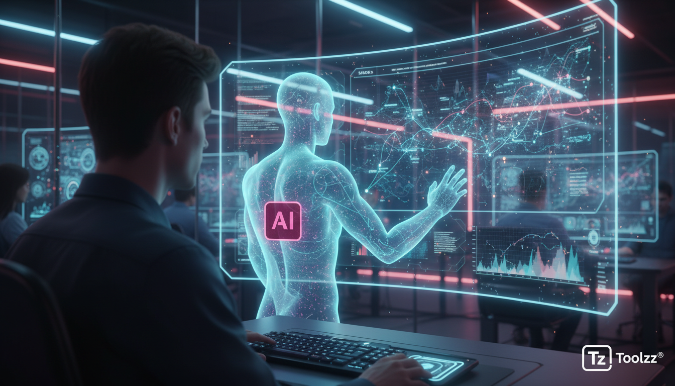 IA que trabalha com pessoas: o futuro da automação inteligente — Um agente de IA, representado como uma projeção holográfica amigável e estilizada, trabalhando lado a lado com um funcionário em um esc