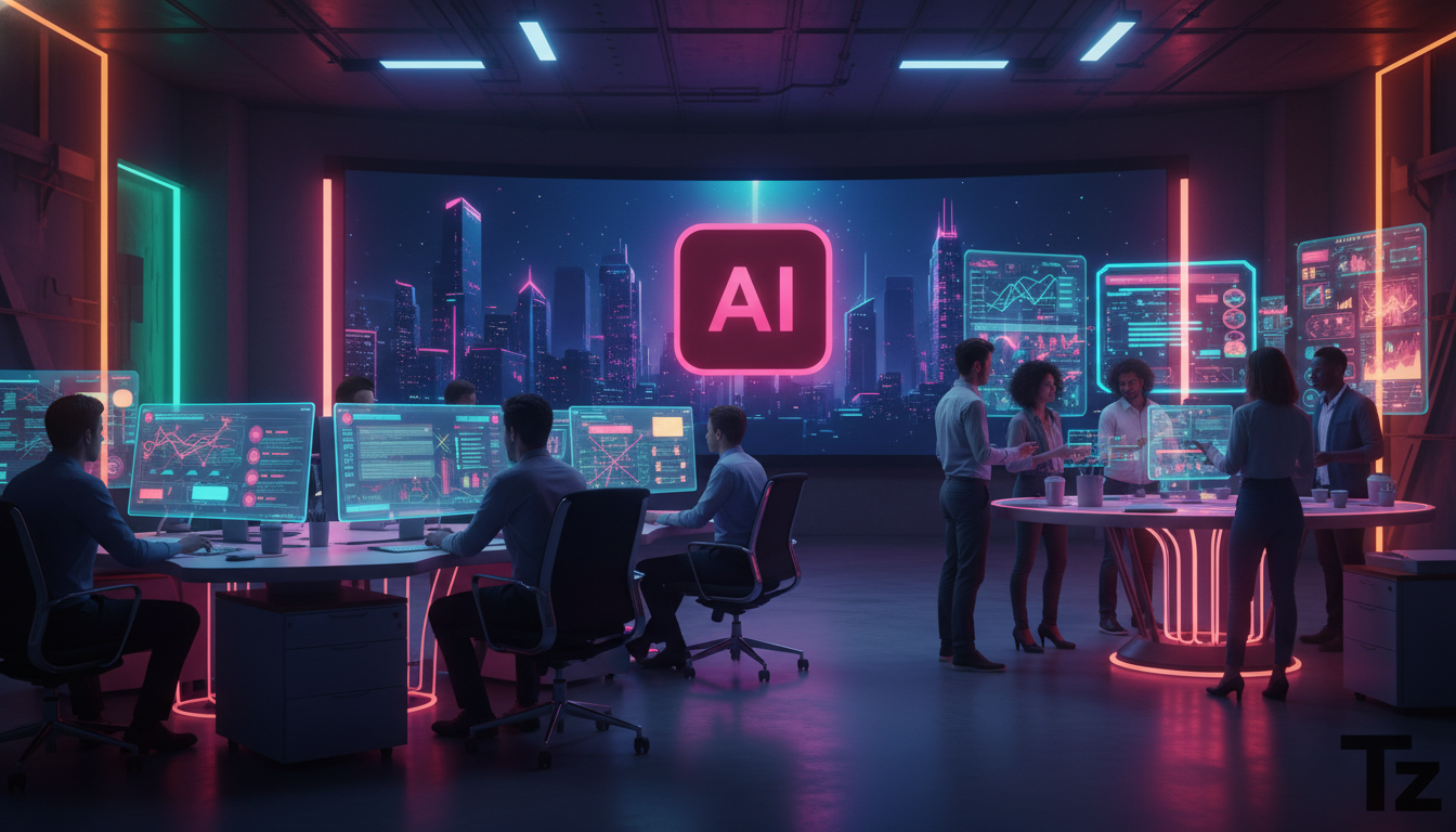 IA que trabalha com pessoas: Redefinindo a rotina empresarial — Um escritório moderno e iluminado, onde metade dos funcionários está interagindo com telas que exibem interfaces de IA (chatbots, anális