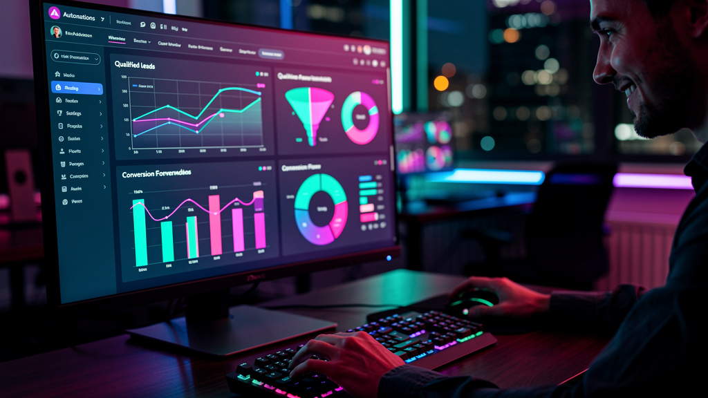 IA que Vende: Automatize e Maximize Seus Resultados — Close-up de uma tela de computador mostrando um painel de automação de marketing. O painel exibe gráficos de leads qualificados, taxas de conversã