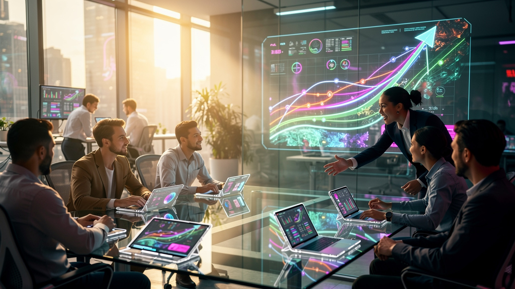 IA que Vende: Como a Inteligência Artificial Fecha Mais Negócios — Ilustração de uma equipe de vendas moderna trabalhando em um escritório ensolarado, com telas mostrando painéis de controle de IA. Um