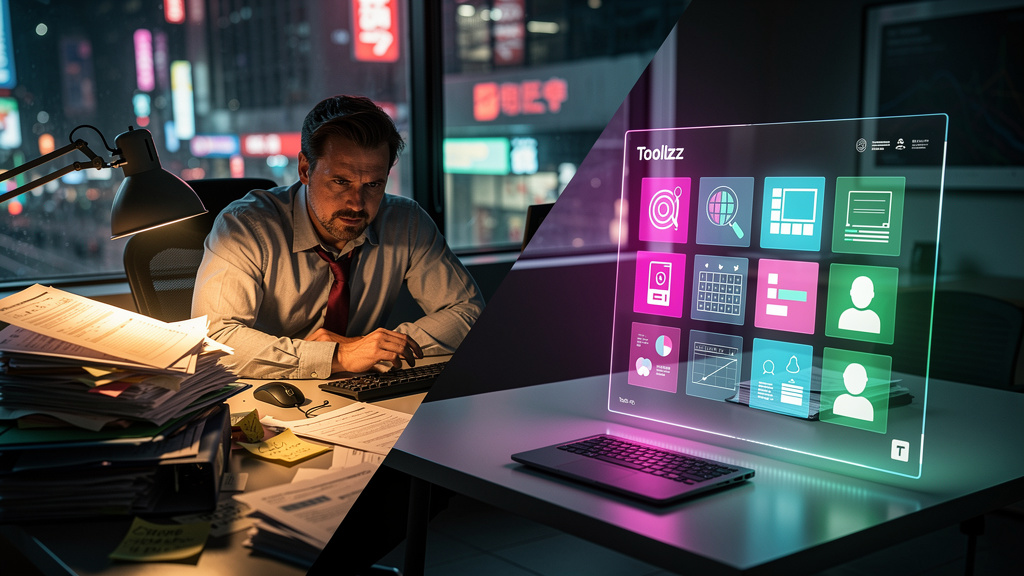 IA que Vende: Como Automatizar e Turbinar suas Vendas — Um vendedor exausto, cercado por pilhas de papéis e planilhas, contrastando com um agente de IA da Toolzz (representado como uma interface holog