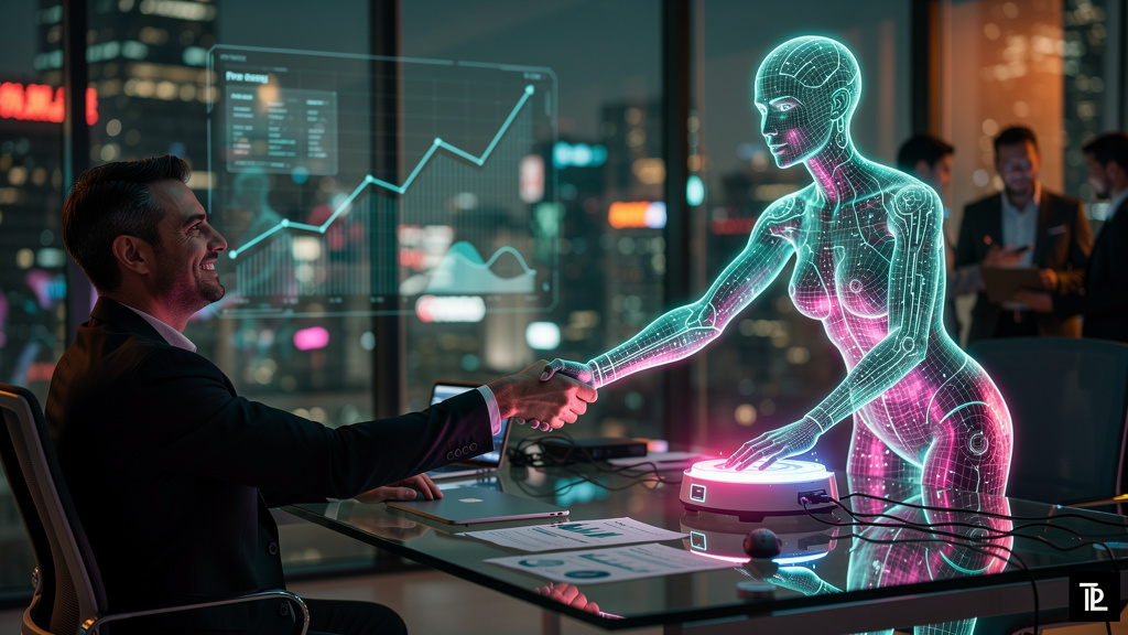 IA que Vende: Como o Agente Closer Toolzz Negocia e Fecha Vendas — Representação visual de um Agente Closer de IA como um assistente virtual holográfico em um escritório. O holograma está apertando a 