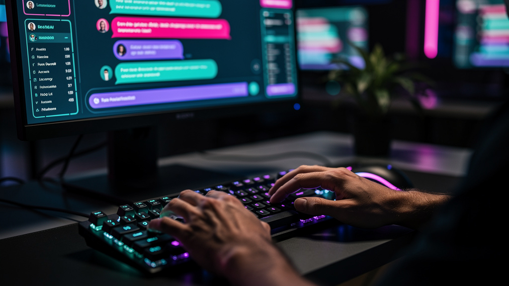 IA transforma força de trabalho e o futuro do emprego nas empresas — Um close-up fotorrealista das mãos de um funcionário digitando em um teclado. Na tela do computador, um chatbot da Toolzz responde 