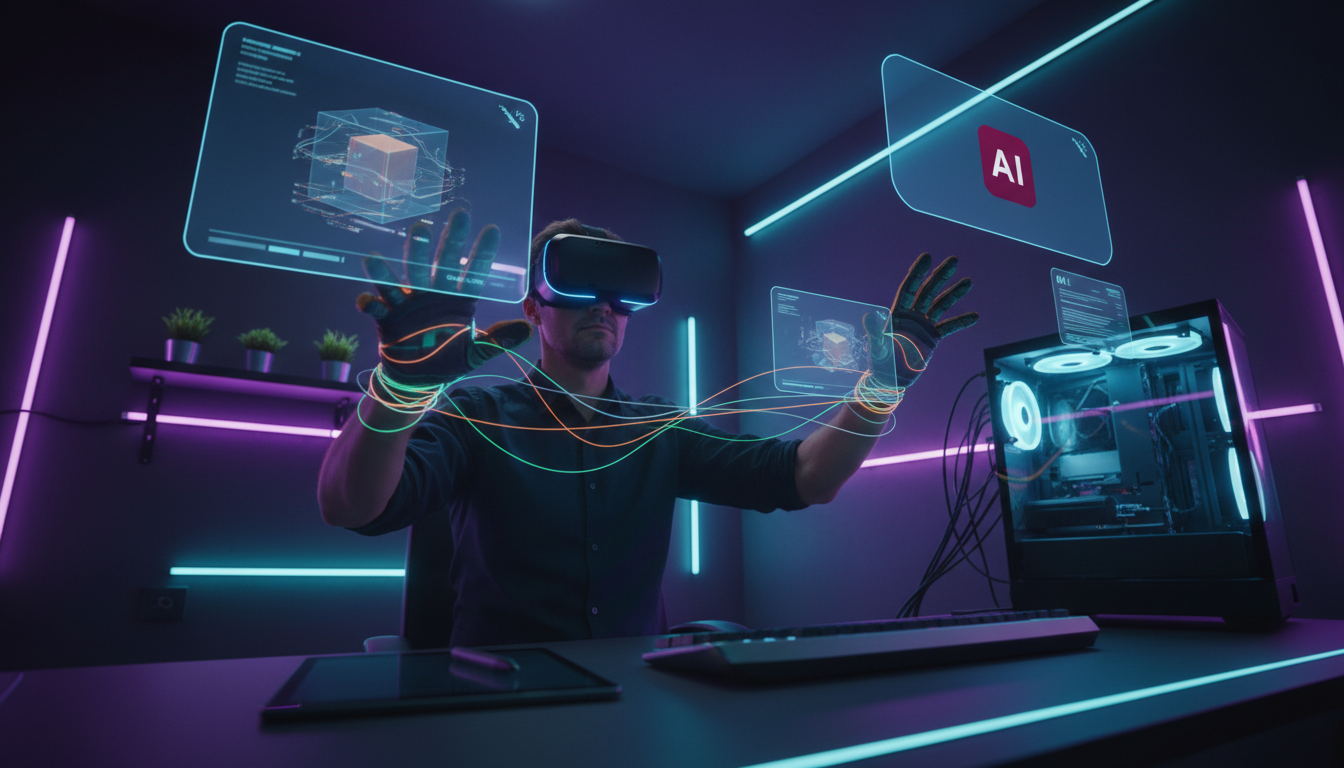 IA, Vozes e Animações: Otimizando Demos de Produtos — Um desenvolvedor usando um headset de realidade virtual, imerso em um ambiente de design de animação 3D. A interface do software de animação é vis