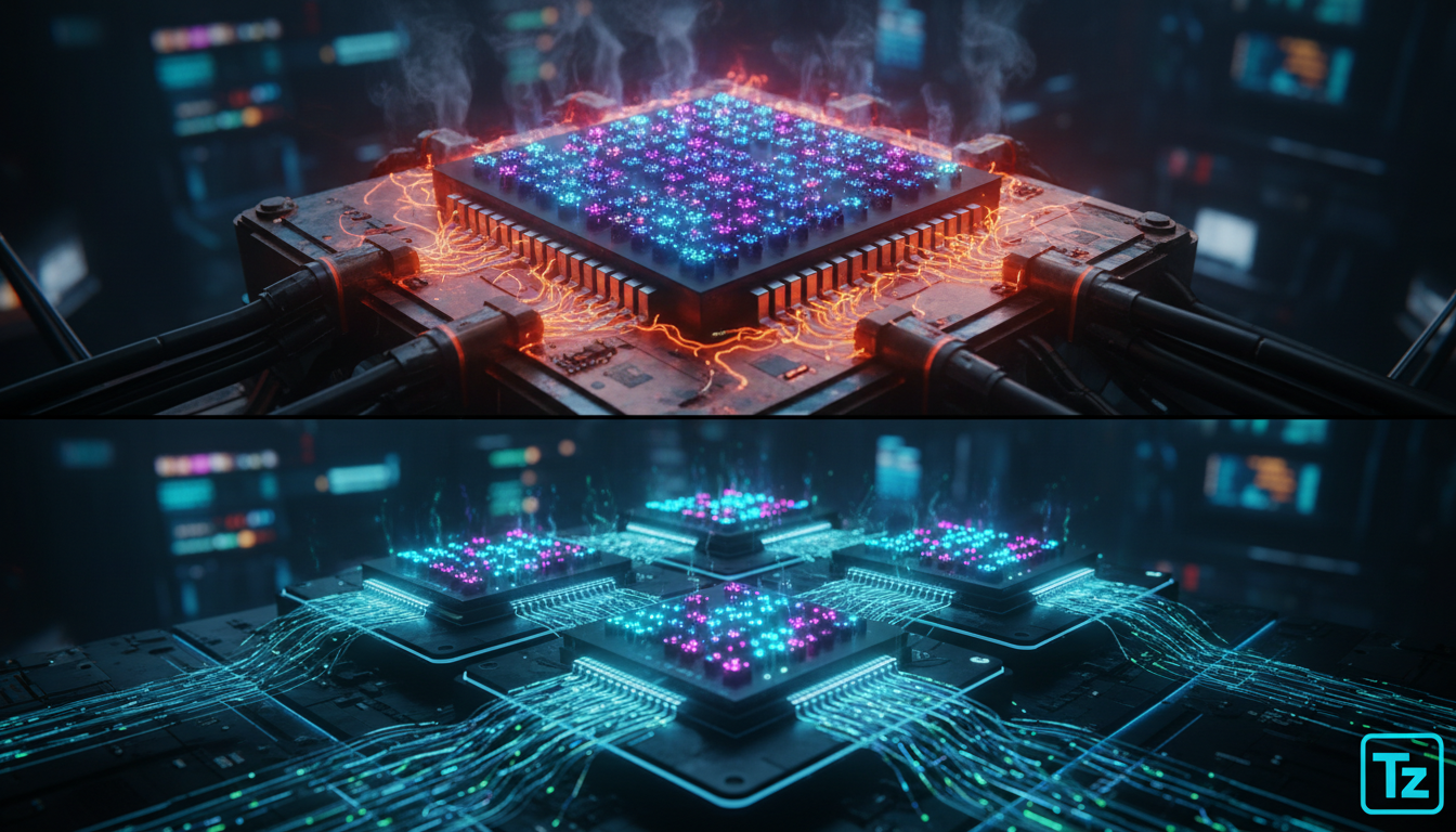 IBM Quantum: Avanço na Conexão de Chips Expande o Poder dos Qubits — Um diagrama infográfico mostrando a evolução da arquitetura de computadores quânticos. Bloco superior: Representação de um chip quâ